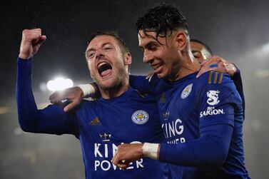Leicester City's English striker Jamie Vardy (L) celebrates scoring his team's fifth goal with Leicester City's Spanish striker Ayoze Perez (R) during the English Premier League football match between Southampton and Leicester City at St Mary's Stadium in Southampton, southern England on October 25, 2019. RESTRICTED TO EDITORIAL USE. No use with unauthorized audio, video, data, fixture lists, club/league logos or 'live' services. Online in-match use limited to 120 images. An additional 40 images may be used in extra time. No video emulation. Social media in-match use limited to 120 images. An additional 40 images may be used in extra time. No use in betting publications, games or single club/league/player publications. / AFP / Glyn KIRK / RESTRICTED TO EDITORIAL USE. No use with unauthorized audio, video, data, fixture lists, club/league logos or 'live' services. Online in-match use limited to 120 images. An additional 40 images may be used in extra time. No video emulation. Social media in-match use limited to 120 images. An additional 40 images may be used in extra time. No use in betting publications, games or single club/league/player publications.