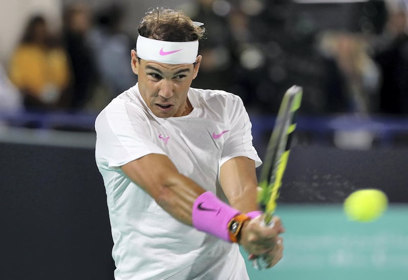 Abu Dhabi, United Arab Emirates - Reporter: Jon Turner: Rafael Nadal plays a shot during the semi final between Rafael Nadal v Karen Khachanov at the Mubadala World Tennis Championship. Friday, December 20th, 2019. Zayed Sports City, Abu Dhabi. Chris Whiteoak / The National