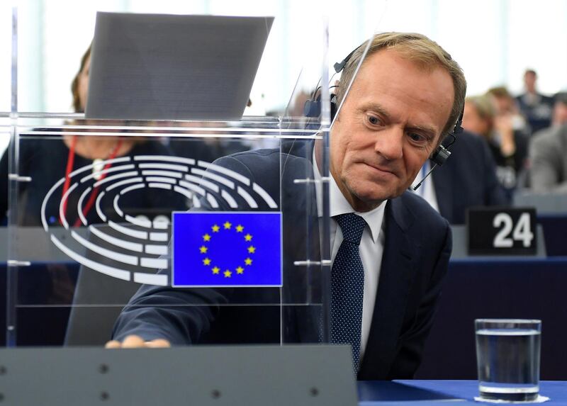 European Council President Donald Tusk attends a debate during a plenary session at the European Parliament in Strasbourg, eastern France, on October 24, 2017.  / AFP PHOTO / PATRICK HERTZOG