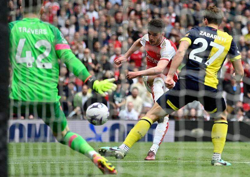 Arsenal midfielder Declan Rice fires home to make it 3-0. AFP