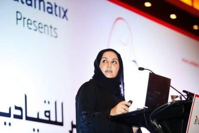 Haifaa Alajmi, a senior engineer with Kuwait Oil Company, speaks at the 16th Global Women Leaders Conference in Dubai this week. Sarah Dea / The National