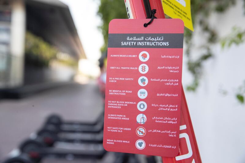 DUBAI, UNITED ARAB EMIRATES. 26 OCTOBER 2020. E-scooter trials rolled out in five areas across city for a year long project for commuters to rent and use e-scooters while commuting to and from tram and metro stations. SKURTT e-scooters for rent at the Al Sufouh Tram Station in Knowledge Village. (Photo: Antonie Robertson/The National) Journalist: Kelly Clarke. Section: National.
