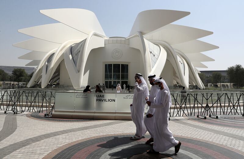 Visitors on the last day at the EXPO 2020 site in Dubai. Pawan Singh / The National