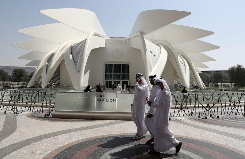 Visitors on the last day at the EXPO 2020 site in Dubai. Pawan Singh / The National