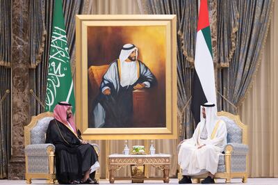 Sheikh Mohamed bin Zayed and Prince Mohammed bin Salman speak at Qasr Al Watan in Abu Dhabi. Image:  Ministry of Presidential Affairs 
