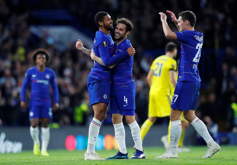 Soccer Football - Europa League - Group Stage - Group L - Chelsea v BATE Borisov - Stamford Bridge, London, Britain - October 25, 2018  Chelsea's Ruben Loftus-Cheek celebrates scoring their third goal with Cesc Fabregas after completing his hat-trick               REUTERS/Eddie Keogh