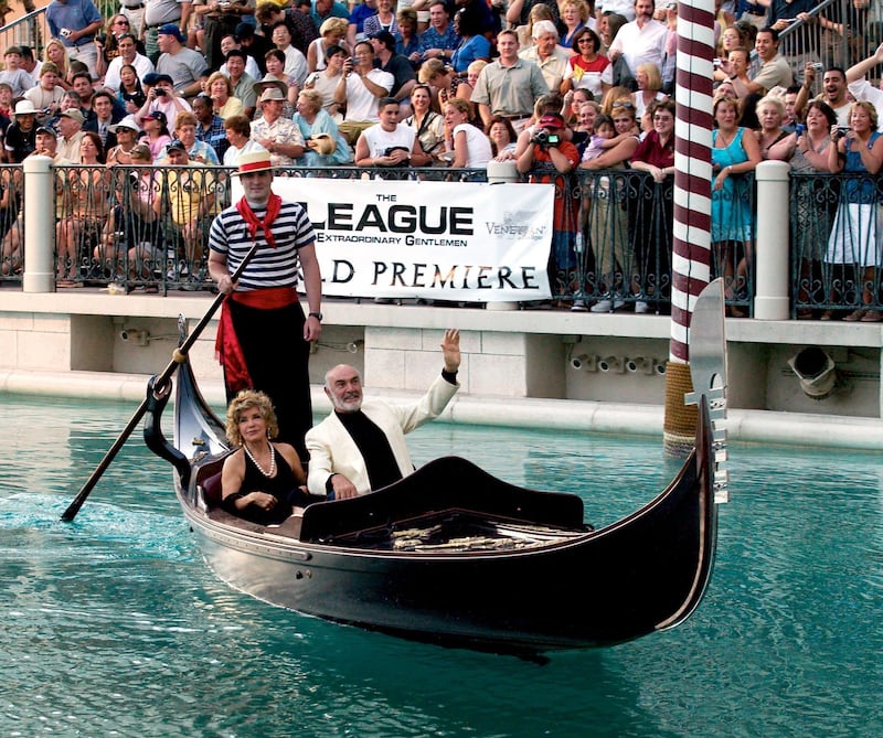 Sean Connery and his wife Micheline arrive by gondola at the Venetian Resort Hotel Casino in Las Vegas, Nevada in June 30, 2003 for the premiere of the film 'The League of Extraordinary Gentlemen'. Reuters