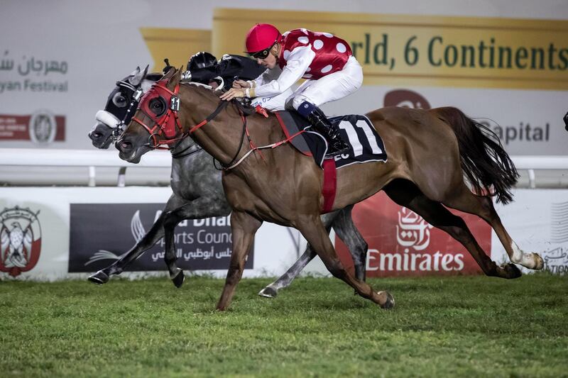ABU DHABI, UNITED ARAB EMIRATES. 23 DECEMBER 2018. Race three won by nr 11 Bainoona (FR) ridden by Fabrice Veron, trained by Eric Lemartinel. (Photo: Antonie Robertson/The National) Journalist: Amith Passela. Section: Sport.