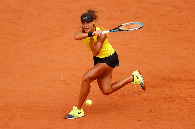 PARIS, FRANCE - SEPTEMBER 29: Mayar Sherif of Egypt plays a backhand during her Women's Singles first round match against Karolina Pliskova of Czech Republic on day three of the 2020 French Open at Roland Garros on September 29, 2020 in Paris, France. (Photo by Clive Brunskill/Getty Images)