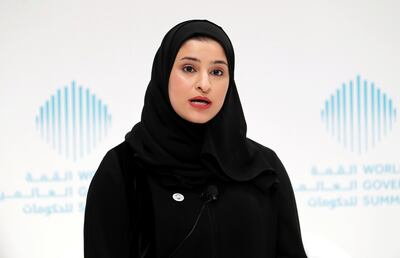 DUBAI , UNITED ARAB EMIRATES , JAN 17 – 2018 :- Sarah Bint Yousif Al Amiri speaking during the World Government Summit press conference held at Jumeirah Mina A’Salam hotel in Dubai.  (Pawan Singh / The National) For News. Story by Caline Malek