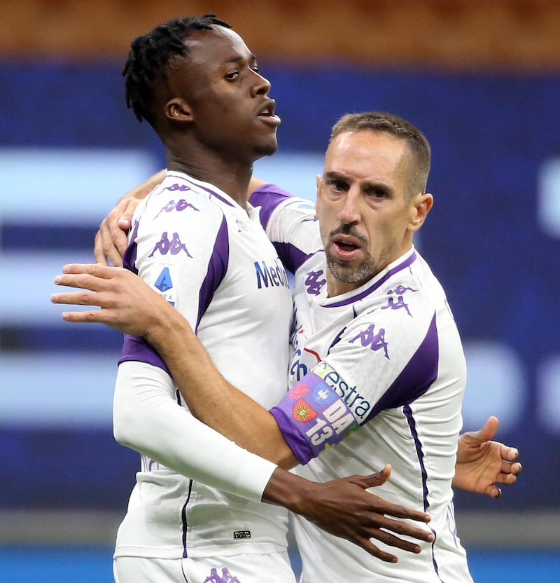 Fiorentina's Christian Kouame, left, celebrates with Franck Ribery after scoring the opening goal after just three minutes. EPA