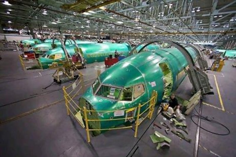 Iraqi Airways is waiting for the delivery of 40 Boeing aircraft. Above, Boeing 737 fuselage sections on the assembly floor at Spirit AeroSystems in the US. Daniel Acker / Bloomberg News
