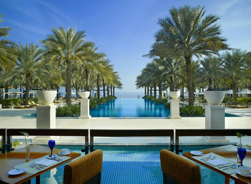 The outdoor view at the Al Khiran Terrace of Al Bustan Palace in Muscat. Courtesy Ritz-Carlton