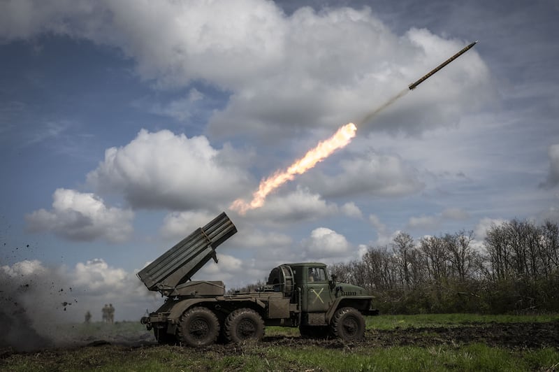 A grad missile is launched on the Donetsk fron tline in April 2023. Getty Images