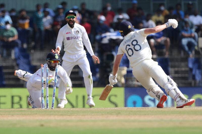 Rishabh Pant of (WK) India stamps out to Dan Lawrence of England  during day four of the second PayTM test match between India and England held at the Chidambaram Stadium in Chennai, Tamil Nadu, India on the 16th February 2021

Photo by Pankaj Nangia/ Sportzpics for BCCI