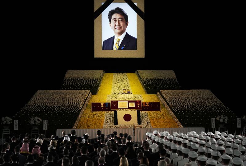 A portrait of former Japanese prime minister Shinzo during his funeral in Tokyo on September 27. EPA