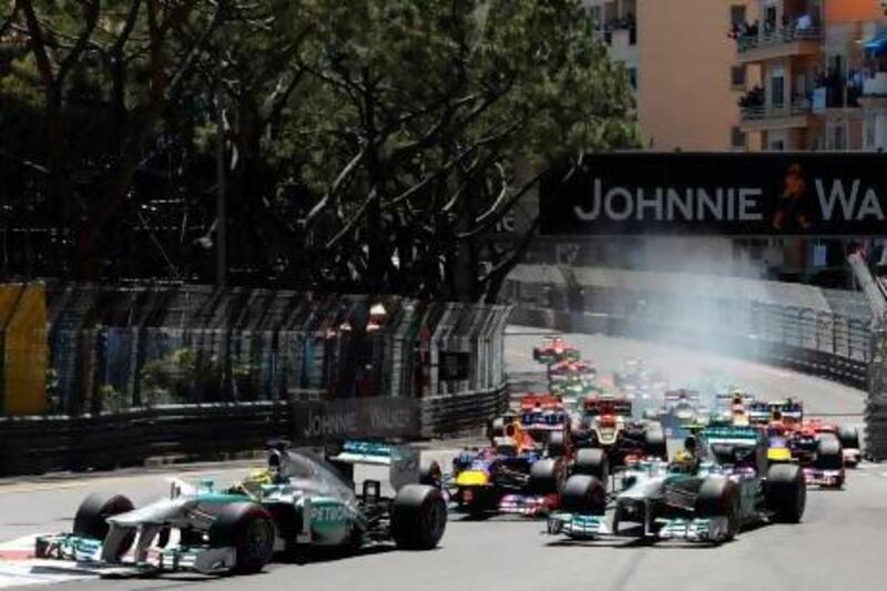Mercedes' German driver Nico Rosberg leads after the start of the Monaco Grand Prix.
