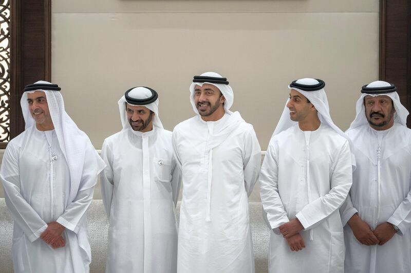 ABU DHABI, UNITED ARAB EMIRATES - May 27, 2019: (L-R) HH Lt General Sheikh Saif bin Zayed Al Nahyan, UAE Deputy Prime Minister and Minister of Interior, HH Sheikh Ahmed bin Saif bin Mohamed Al Nahyan, HH Sheikh Abdullah bin Zayed Al Nahyan UAE Minister of Foreign Affairs and International Cooperation, HH Sheikh Khaled bin Zayed Al Nahyan, Chairman of the Board of Zayed Higher Organization for Humanitarian Care and Special Needs (ZHO) and HH Sheikh Saeed bin Mohamed Al Nahyan, attend an iftar reception at Al Bateen Palace.

( Mohamed Al Hammadi / Ministry of Presidential Affairs )
---