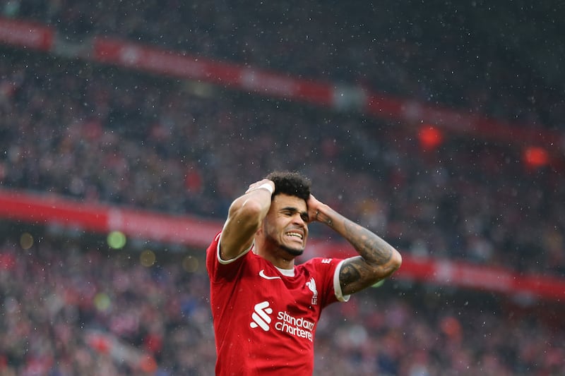 Luis Diaz of Liverpool reacts after missing a chance. EPA