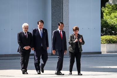 From left, IEA executive director Fatih Birol, South Korea's President Yoon Suk Yeol, Indonesia's President Joko Widodo and International Monetary Fund managing director Kristalina Georgieva at the G7 summit. AFP