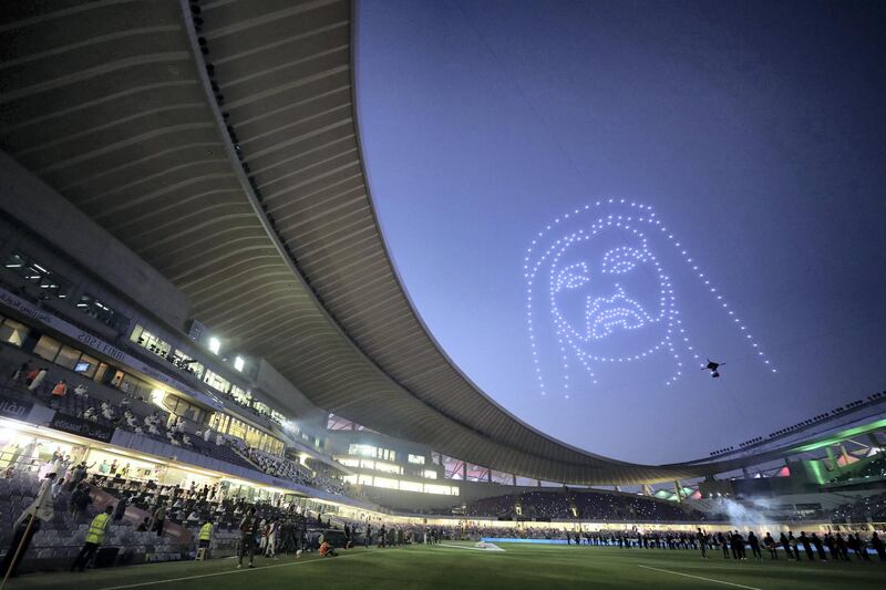 Drones light up the sky with the face of Sheikh Mohammed bin Rashid before the game between Shabab Al Ahli and Al Nasr in the PresidentÕs Cup final in Al Ain on May 16th, 2021. Chris Whiteoak / The National. 
Reporter: John McAuley for Sport