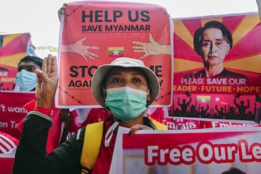 Protesters demonstrate against the Myanmar military's coup in Yangon on February 12, 2021. Reuters