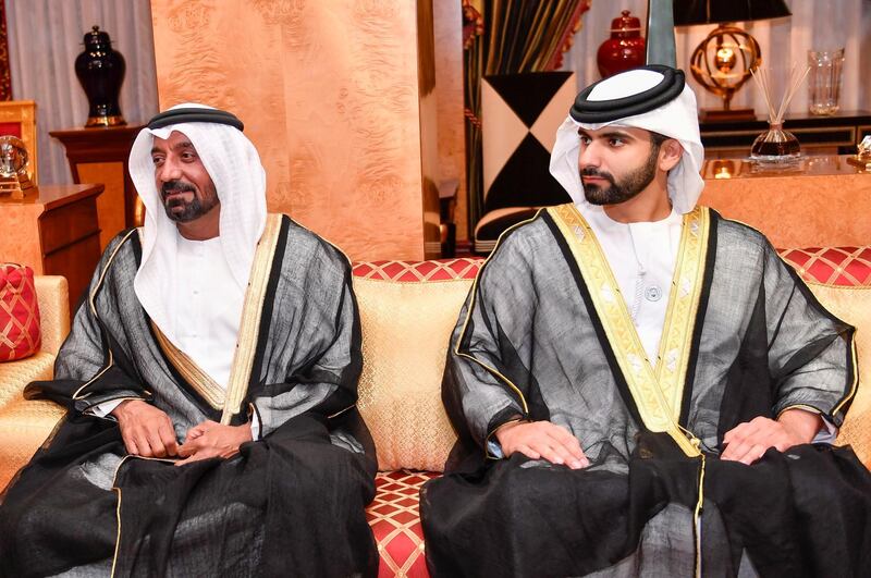 Sheikh Ahmed bin Saeed Al Maktoum, Chairman of Dubai Civil Aviation Authority and Chairman and Chief Executive of Emirates Airline and Group; and Sheikh Mansoor bin Mohammed bin Rashid Al Maktoum during the visit of Prime Minister of Pakistan Imran Khan and his accompanying delegation at Zaabel Palace on November 18, 2018. Dubai Media Office / Wam