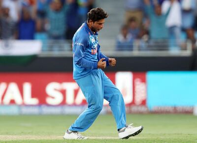 Dubai, United Arab Emirates - September 23, 2018: India's Kuldeep Yadav takes the wicket of Pakistan's Sarfraz Ahmed during the game between India and Pakistan in the Asia cup. Sunday, September 23rd, 2018 at Sports City, Dubai. Chris Whiteoak / The National