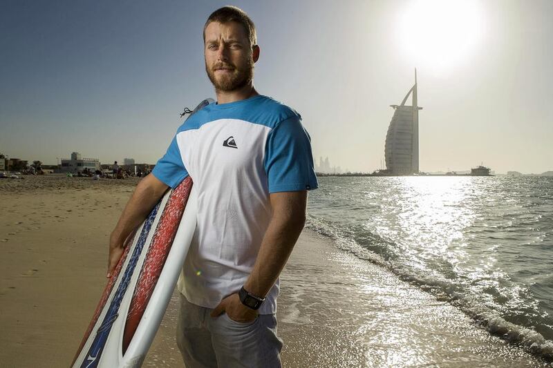 Daniel Van Dooren, co-owner and operator of the Surf House Dubai photographed on Sunset Beach for a story on how the coastline of Dubai is changing. Antonie Robertson / The National 