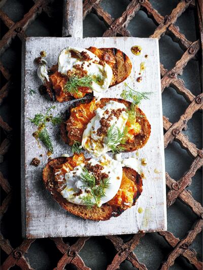 Burrata on sourdough, a recipe from 'Moorish: Vibrant Recipes from the Mediterranean'. Photo: Kris Kirkham