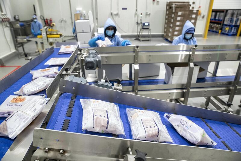 DUBAI, UNITED ARAB EMIRATES. 21 FEBRUARY 2021. Opening of the largest seafood factory in the Middle East that will be able to process around a quarter of all seafood consumed in the UAE. Shrimp packaging. (Photo: Antonie Robertson/The National) Journalist: Kelly Clarke. Section: National.