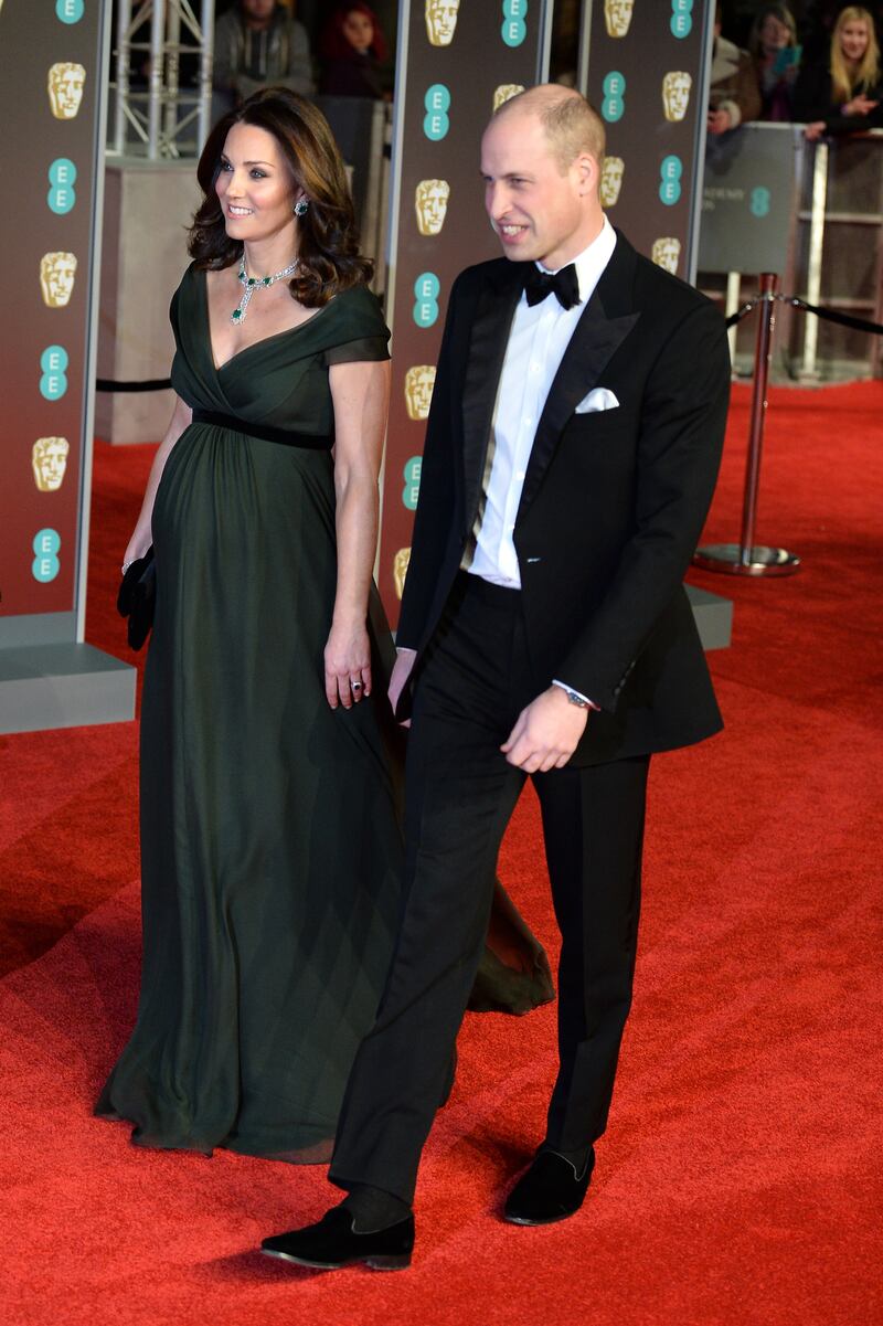 Kate wore a green Jenny Packham gown to attend the Baftas on February 18, 2018, in London. Getty Images