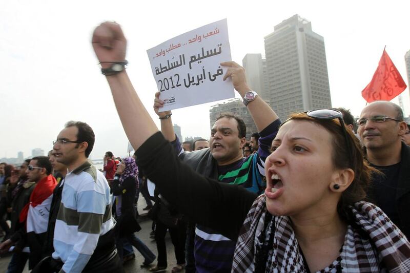 Egyptian protesters in Tahrir Square in 2011, months after an uprising that toppled Hosni Mubarak’s regime. Khaled Desouki / AFP Photo / May 2014