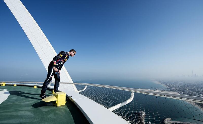 David Coulthard seen during the Seven Star Spin at Burj Al Arab Helipad in Dubai. Naim Chidiac/Red Bull Content Pool 