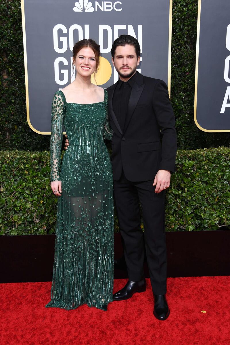 Rose Leslie wears Elie Saab as she and Kit Harington attend the 77th Annual Golden Globe Awards at The Beverly Hilton Hotel on January 5, 2020. AFP