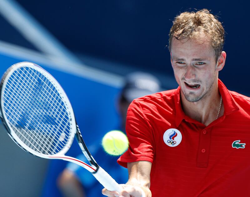 Daniil Medvedev, of the Russian Olympic Committee, in action against Fabio Fognini.