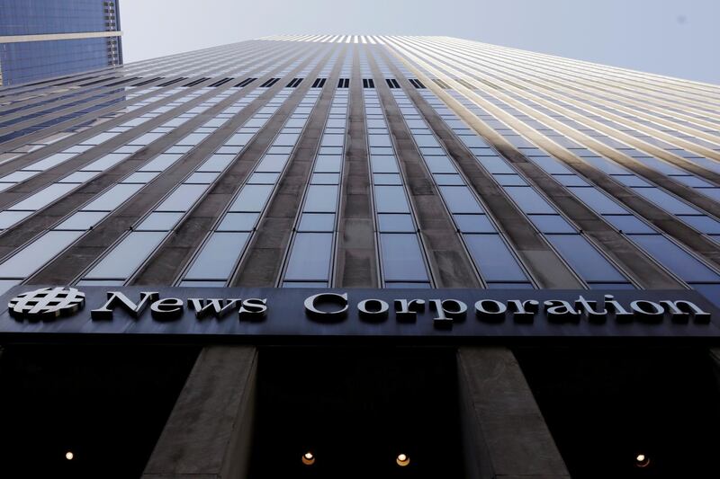 FILE PHOTO: The News Corporation logo is displayed on the side of a building in midtown Manhattan in New York, U.S., February 27, 2018.  REUTERS/Lucas Jackson/File Photo