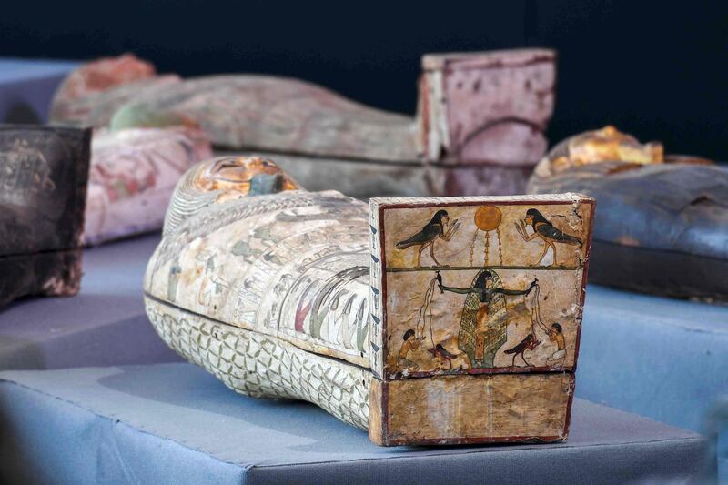Wooden sarcophagi during the unveiling of an ancient treasure trove of more than a 100 intact coffins. AFP