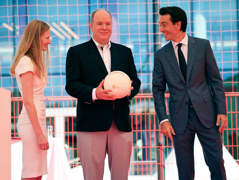 Monaco's Prince Albert II, centre, during the inauguration of AS Monaco's new performance centre. AFP