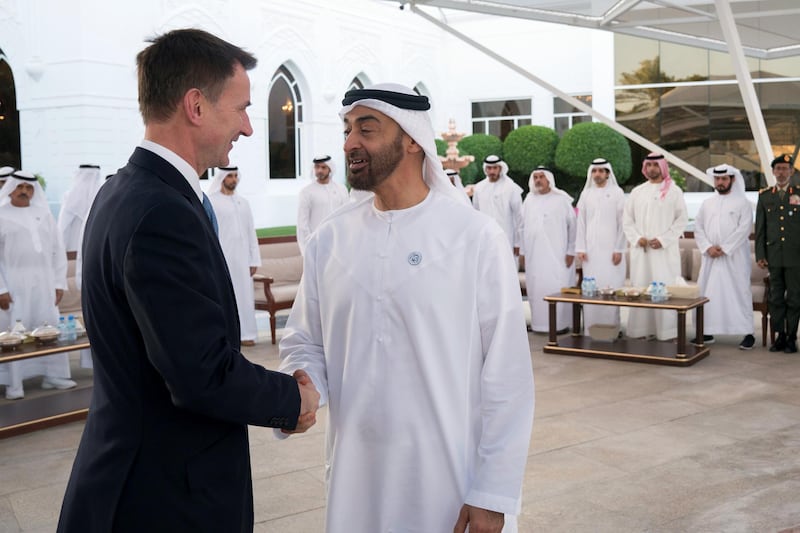 ABU DHABI, UNITED ARAB EMIRATES - November 12, 2018: HH Sheikh Mohamed bin Zayed Al Nahyan Crown Prince of Abu Dhabi Deputy Supreme Commander of the UAE Armed Forces (R), receives HE Jeremy Hunt, UK's Secretary of State for Foreign and Commonwealth Affairs (L), during a Sea Palace barza.
( Hamad Al Kaabi / Ministry of Presidential Affairs )?
---