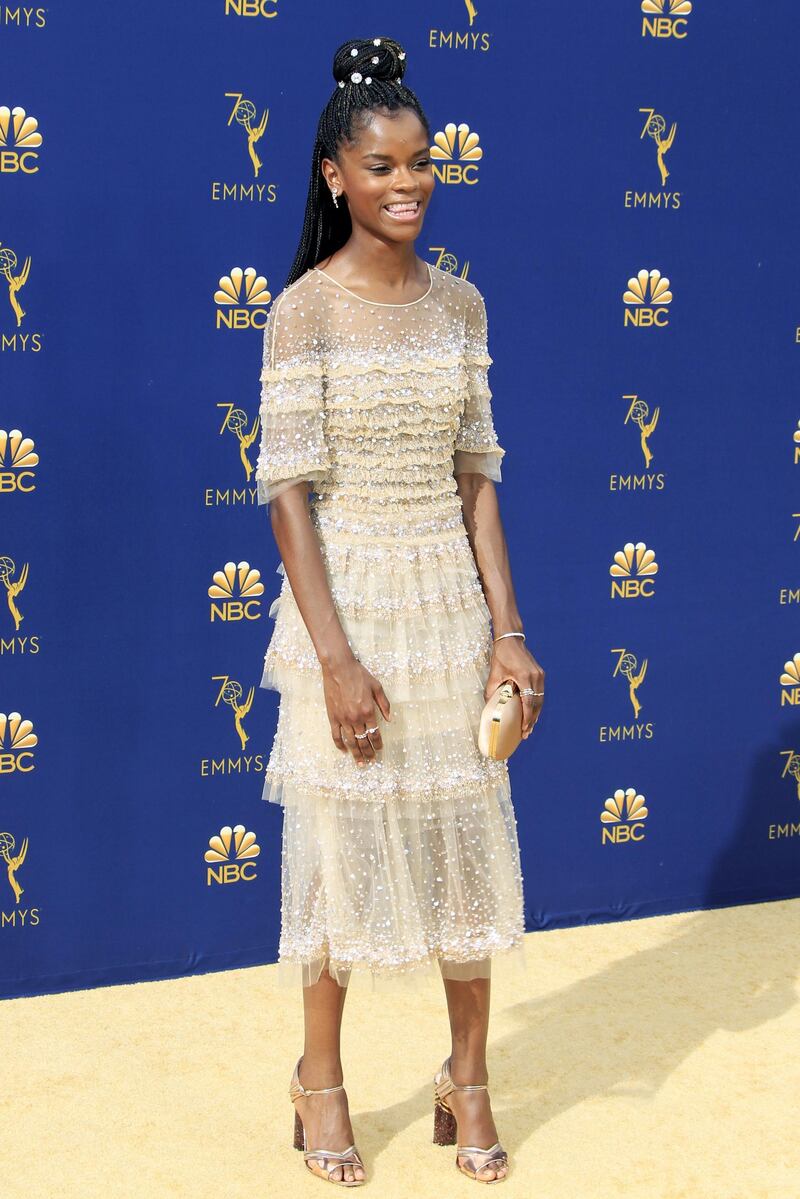 The always-stylish Letitia Wright wears custom Pamela Rolland. Photo / EPA