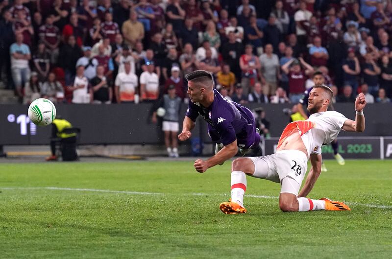 Fiorentina's Luka Jovic heads the ball into the West Ham net but it was ruled out for offside by VAR. PA