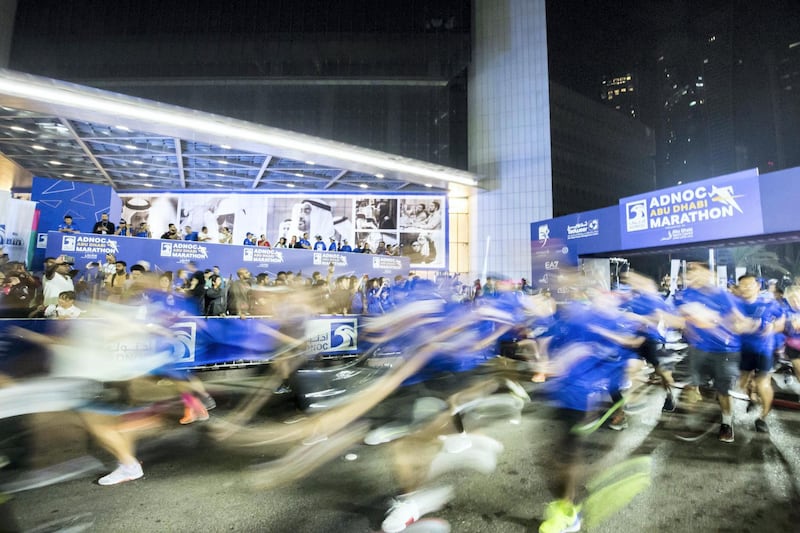 ABU DHABI, UNITED ARAB EMIRATES- Participants starting the race at the ADNOC ABU Abu Dhabi Marathon.  Leslie Pableo for The National 