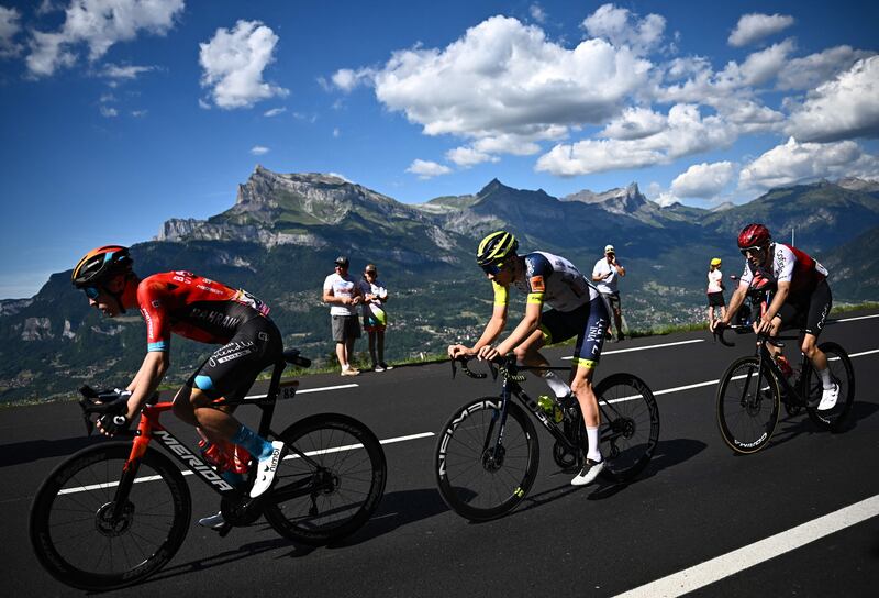 Bahrain Victorious's British rider Fred Wright, left, during Stage 10. AFP