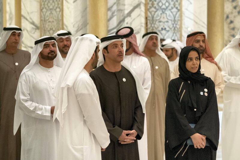 ABU DHABI, UNITED ARAB EMIRATES - March 10, 2019: HH Sheikh Hazza bin Zayed Al Nahyan, Vice Chairman of the Abu Dhabi Executive Council (2nd R), attend the Qasr Al Watan opening ceremony. Seen with HE Maryam Eid Al Mheiri, CEO of Media Zone Authority & and twofour54 (R), HH Sheikh Abdullah bin Salem Al Qasimi, Deputy Ruler of Sharjah (2nd L) and HE Jaber Al Suwaidi, General Director of the Crown Prince Court - Abu Dhabi (L).

( Hamad Al Mansoori / Ministry of Presidential Affairs )
---