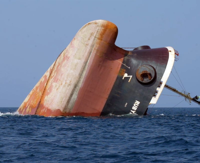 The British-registered cargo vessel Rubymar sinks in the Red Sea off the coast of Yemen. EPA / Yemeni Al-Joumhouriya TV