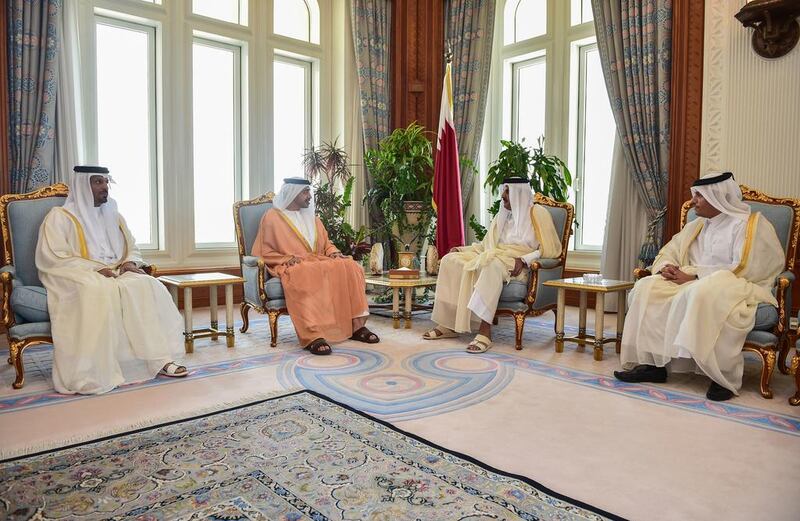 Sheikh Abdullah bin Zayed, Minister of Foreign Affairs and Sheikh Tamim bin Hamad Al Thani, Emir of Qatar meet in Qatar. Wam