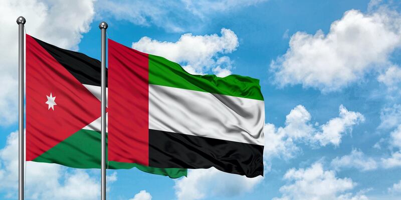 TDCT3P Jordan and United Arab Emirates flag waving in the wind against white cloudy blue sky together. Diplomacy concept, international relations.
