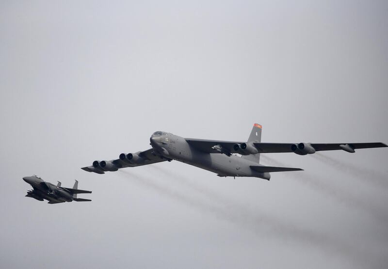 A US Air Force B-52 flies over Osan Air Base in Pyeongtaek, South Korea. Reuters