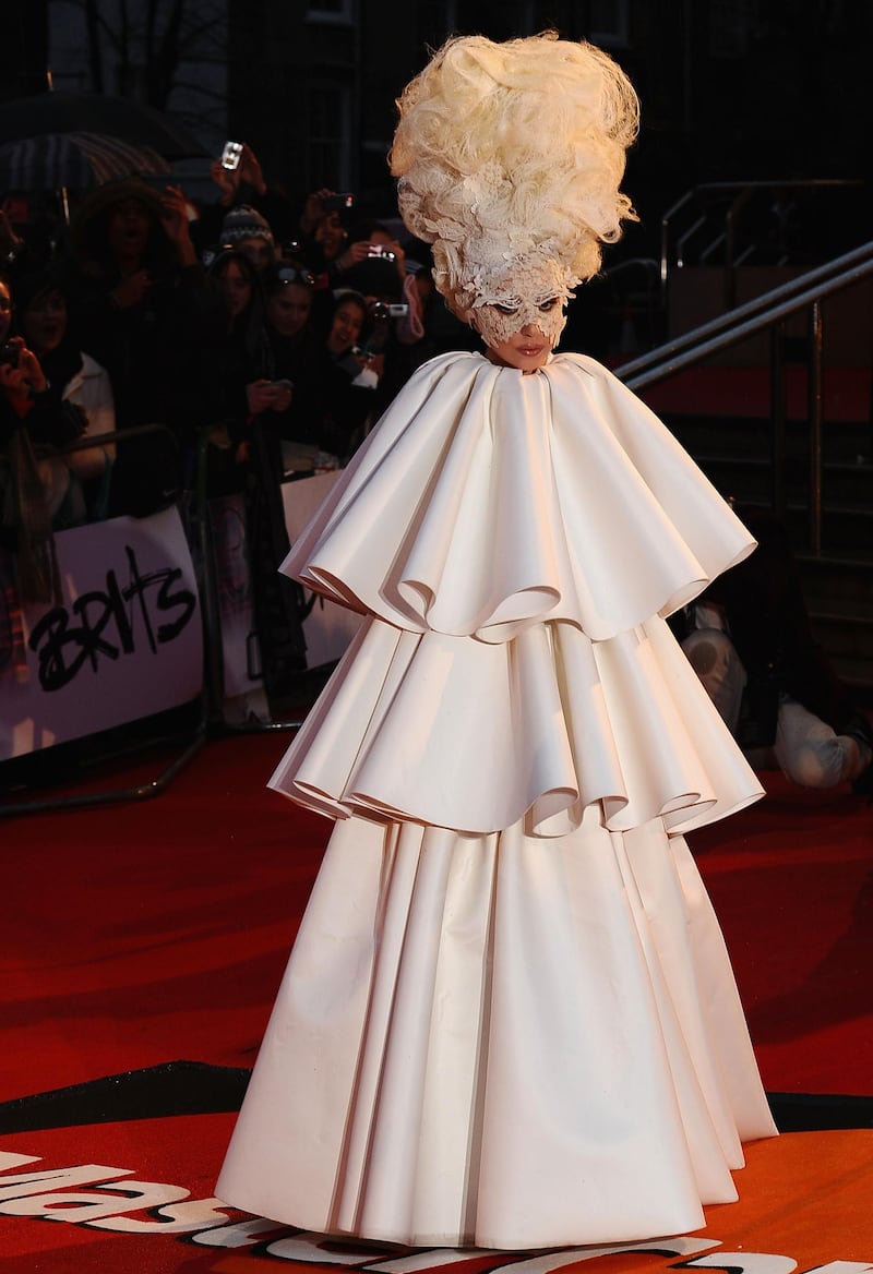 LONDON, ENGLAND - FEBRUARY 16:  Lady Gaga arrives on the red carpet for The Brit Awards 2010 at Earls Court on February 16, 2010 in London, England.  (Photo by Ian Gavan/Getty Images)